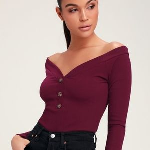 Lulus Lilyth Burgundy Ribbed Long Sleeved off shoulder Bodysuit